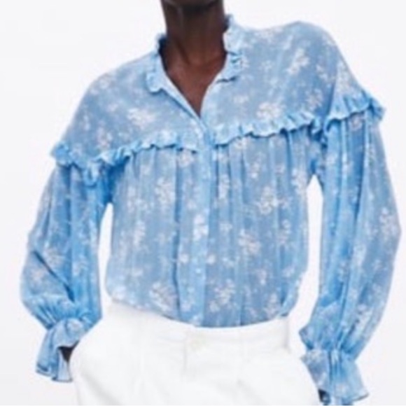 Zara Blue Ruffled Long Sleeve Blouse - Picture 3 of 14